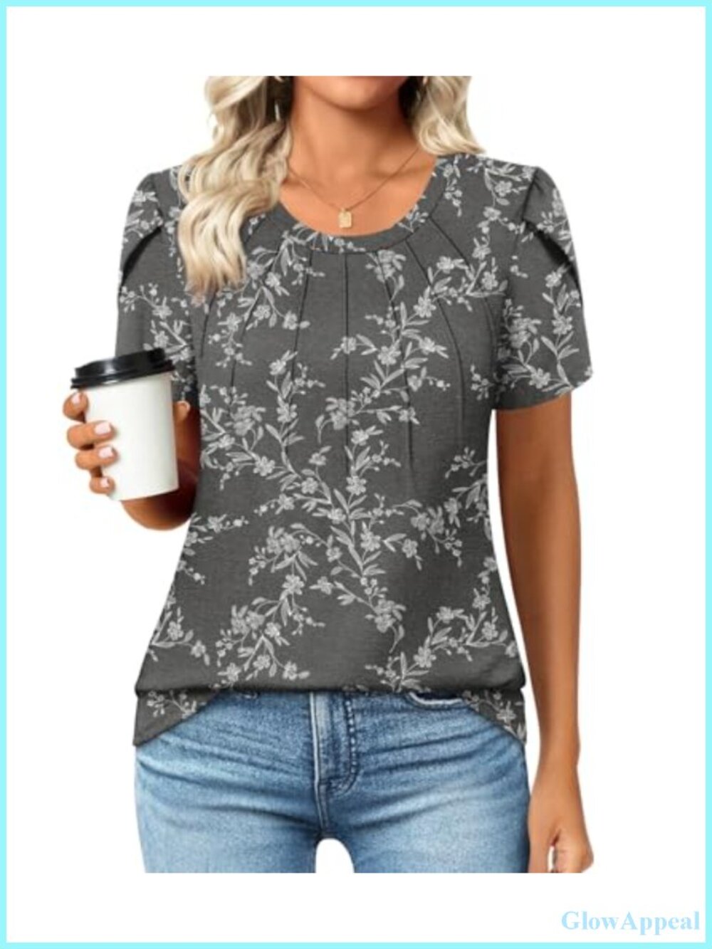 Womens Pleated Tunic Top Petal Short Sleeve Crew Neck Blouse